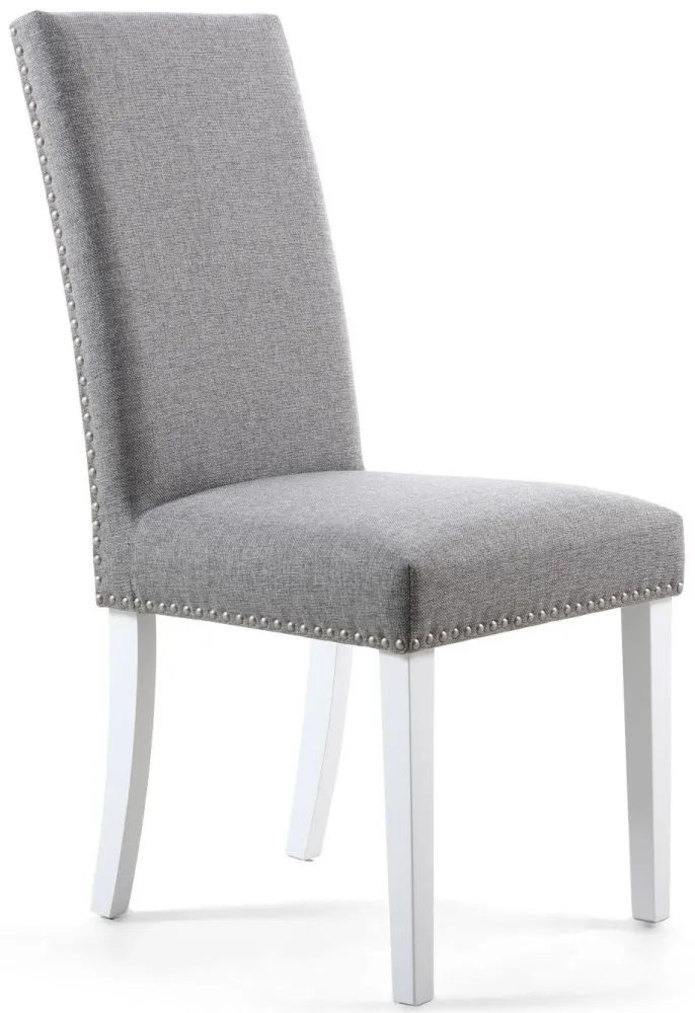 Set of 2 Randall Stud Detail Linen Effect Silver Grey Dining Chair in White Legs