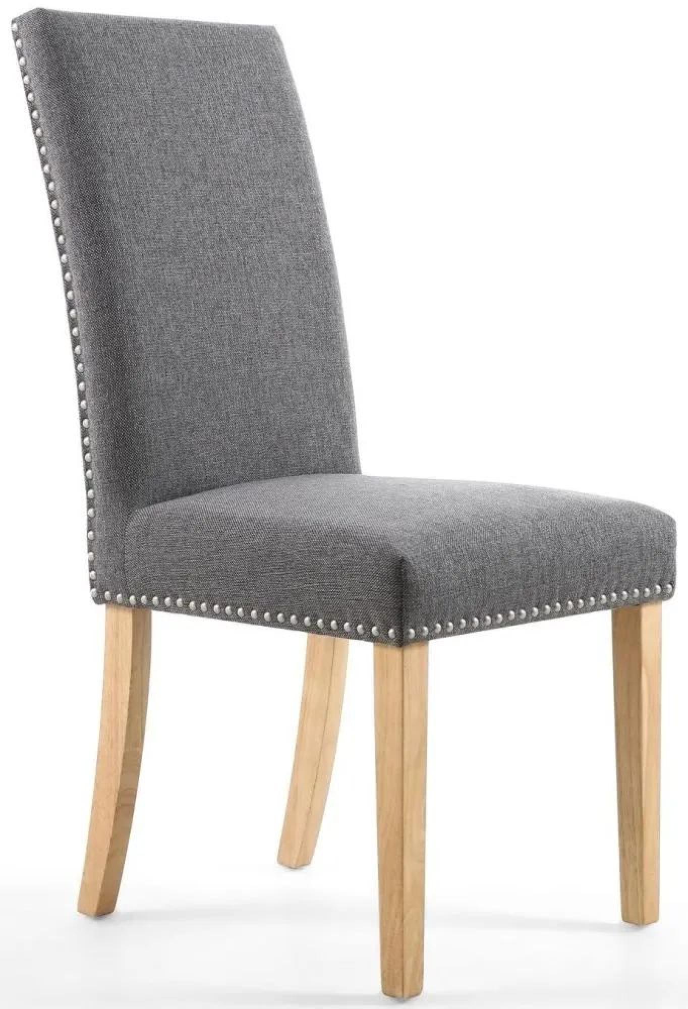 Set of 2 Randall Stud Detail Linen Effect Steel Grey Dining Chair in Natural Legs