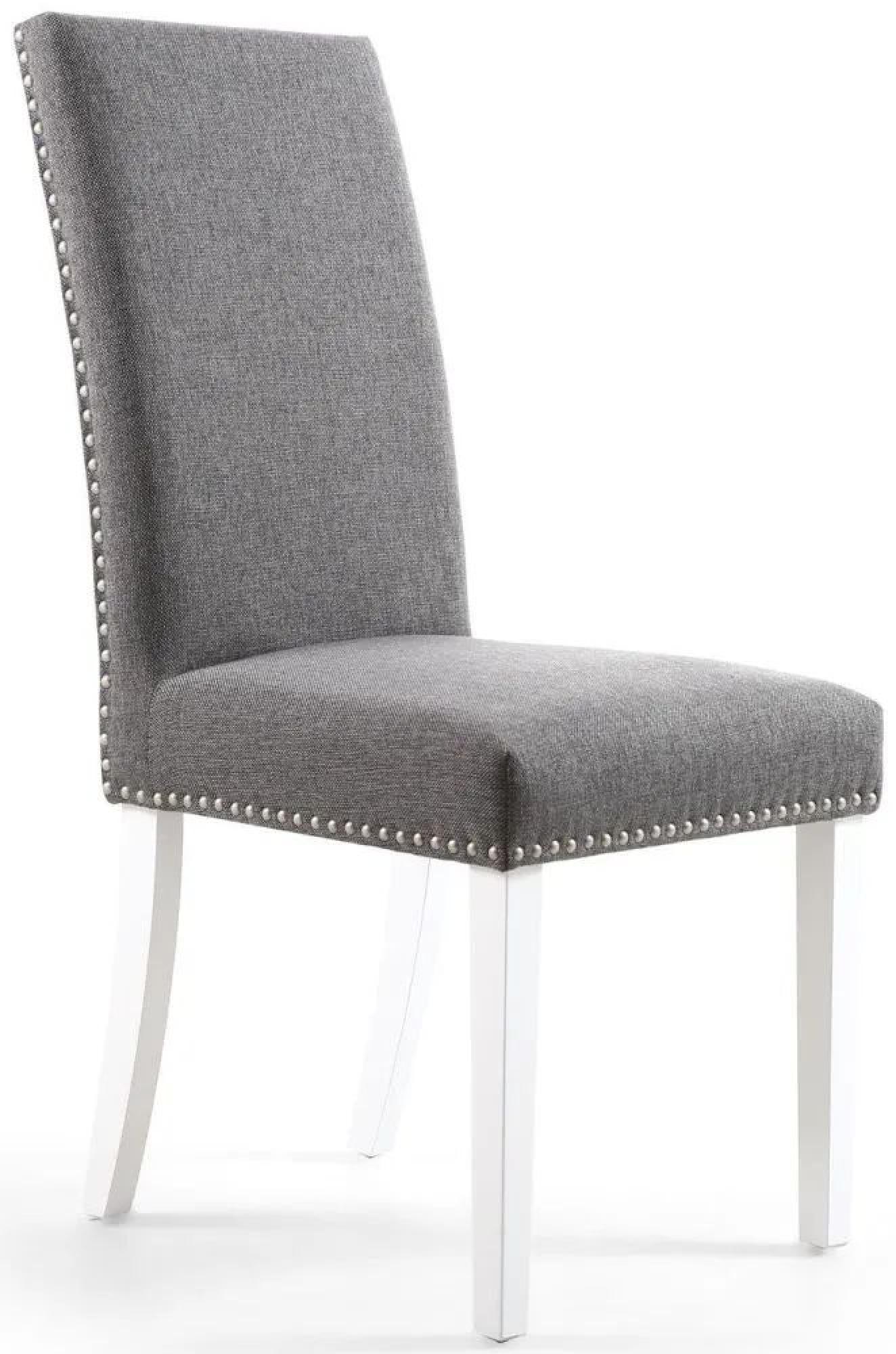 Set of 2 Randall Stud Detail Linen Effect Steel Grey Dining Chair in White Legs