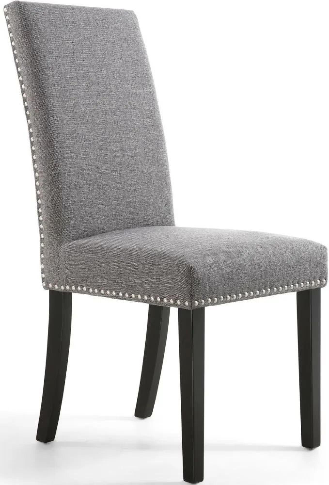 Set of 2 Randall Stud Detail Steel Grey Linen Effect Fabric Dining Chair in Black Legs