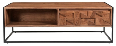 Product photograph of Axis Carved Acacia Wood 2 Drawer Coffee Table from Choice Furniture Superstore