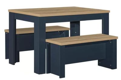 Highgate Oak Navy Blue Dining Table Set With 2 Bench