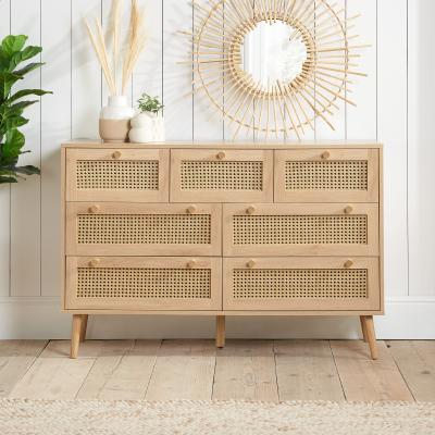Croxley Oak And Rattan Wide 7 Drawer Chest