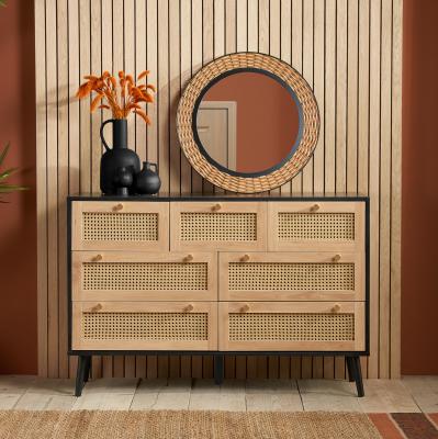 Croxley Black And Rattan Wide 7 Drawer Chest
