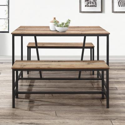 Urban Rustic Wood Effect Industrial Style Kitchen Dining Set With 2 Benches