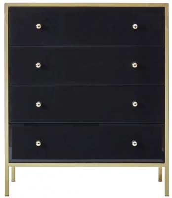 Product photograph of Fenwick Black Glass 4 Drawer Chest - Gold Trim from Choice Furniture Superstore