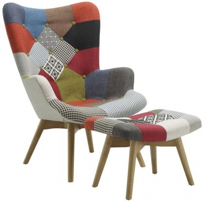 Product photograph of Sloane Fabric Patchwork Armchair And Stool from Choice Furniture Superstore