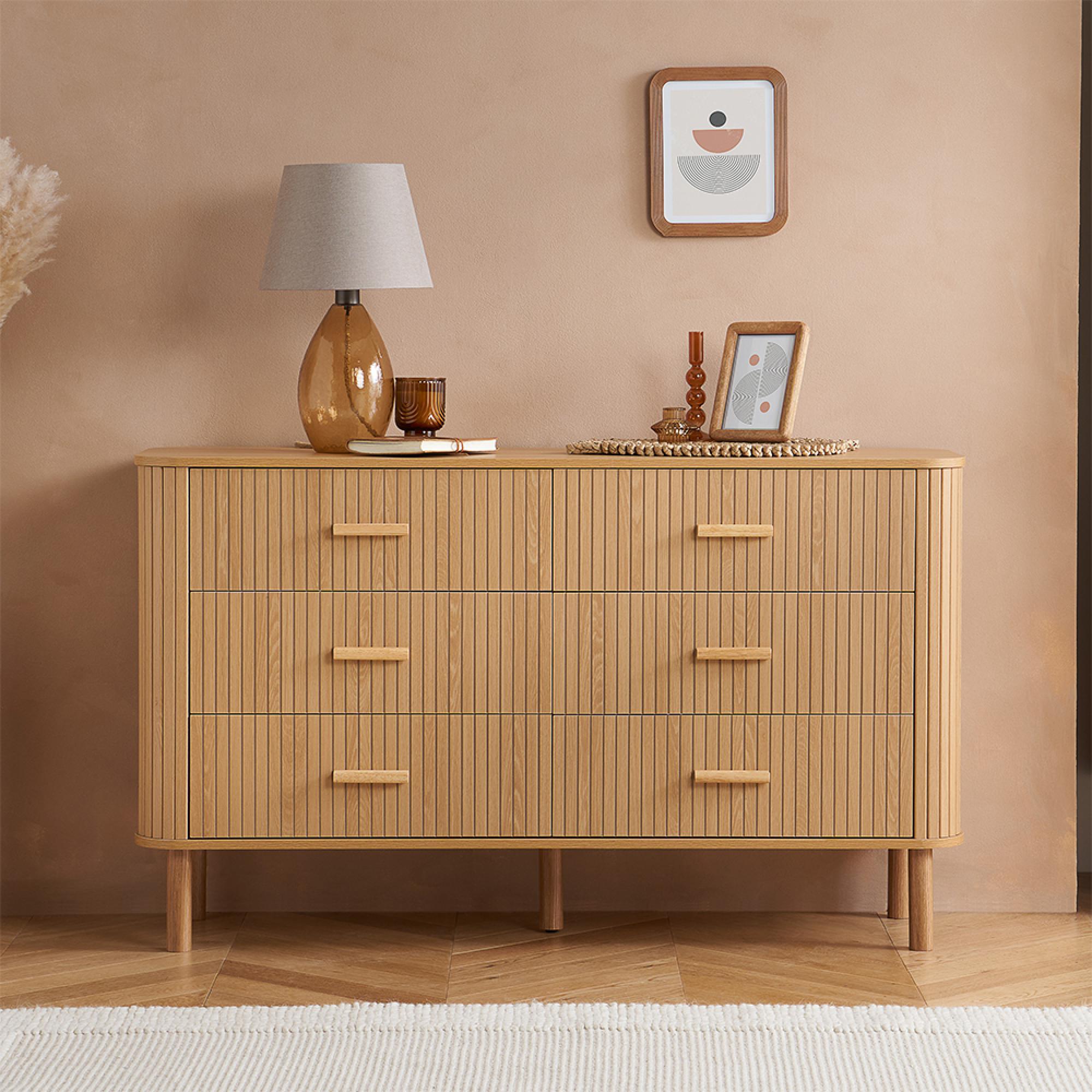 Axel Oak Fluted Curved 6 Drawer Wide Chest
