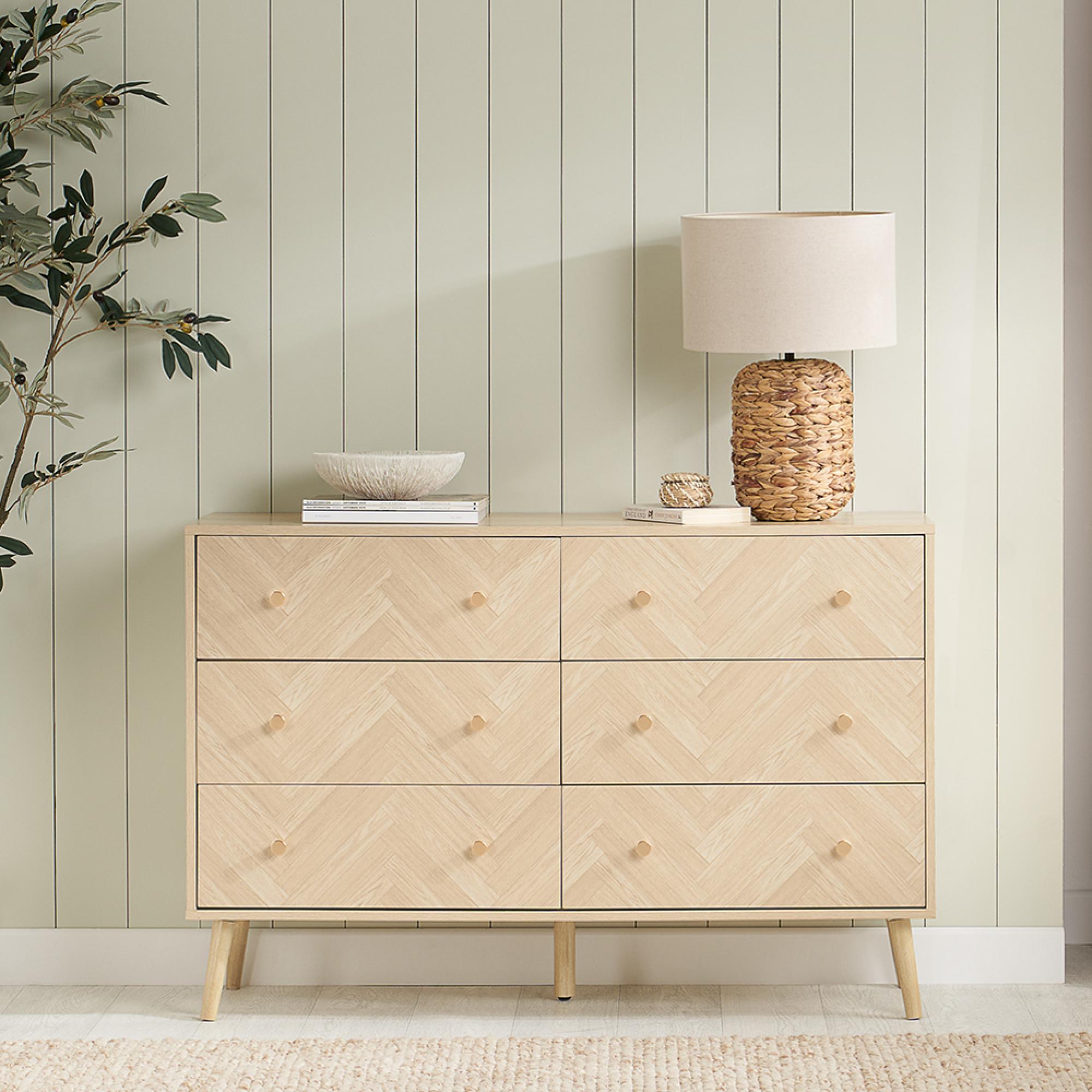 Herringford Oak 6 Drawer Wide Chest