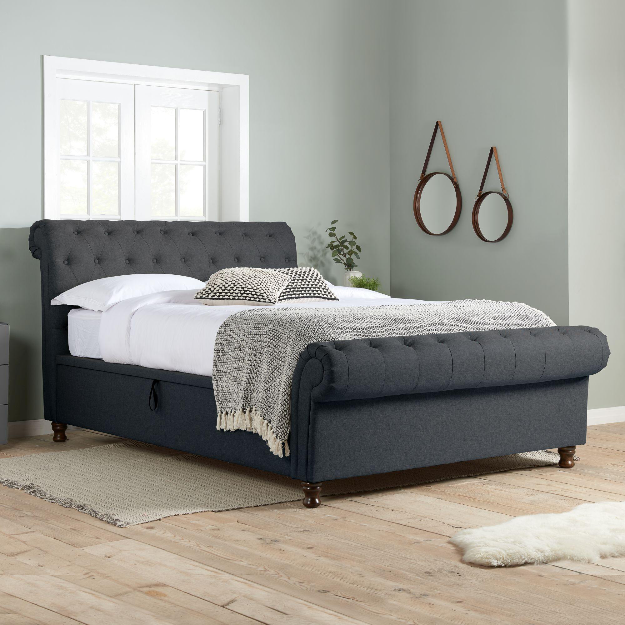 Castello Charcoal Fabric Side Sleigh Ottoman Storage Bed - Sizes Available