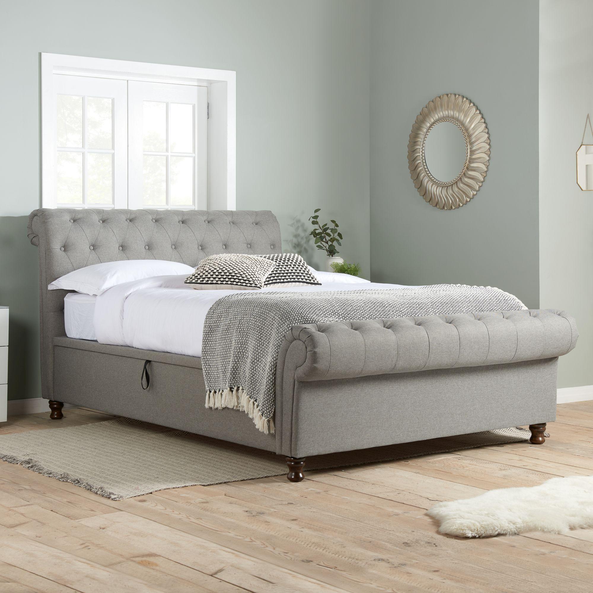 Castello Grey Fabric Side Ottoman Sleigh Bed - Sizes Available