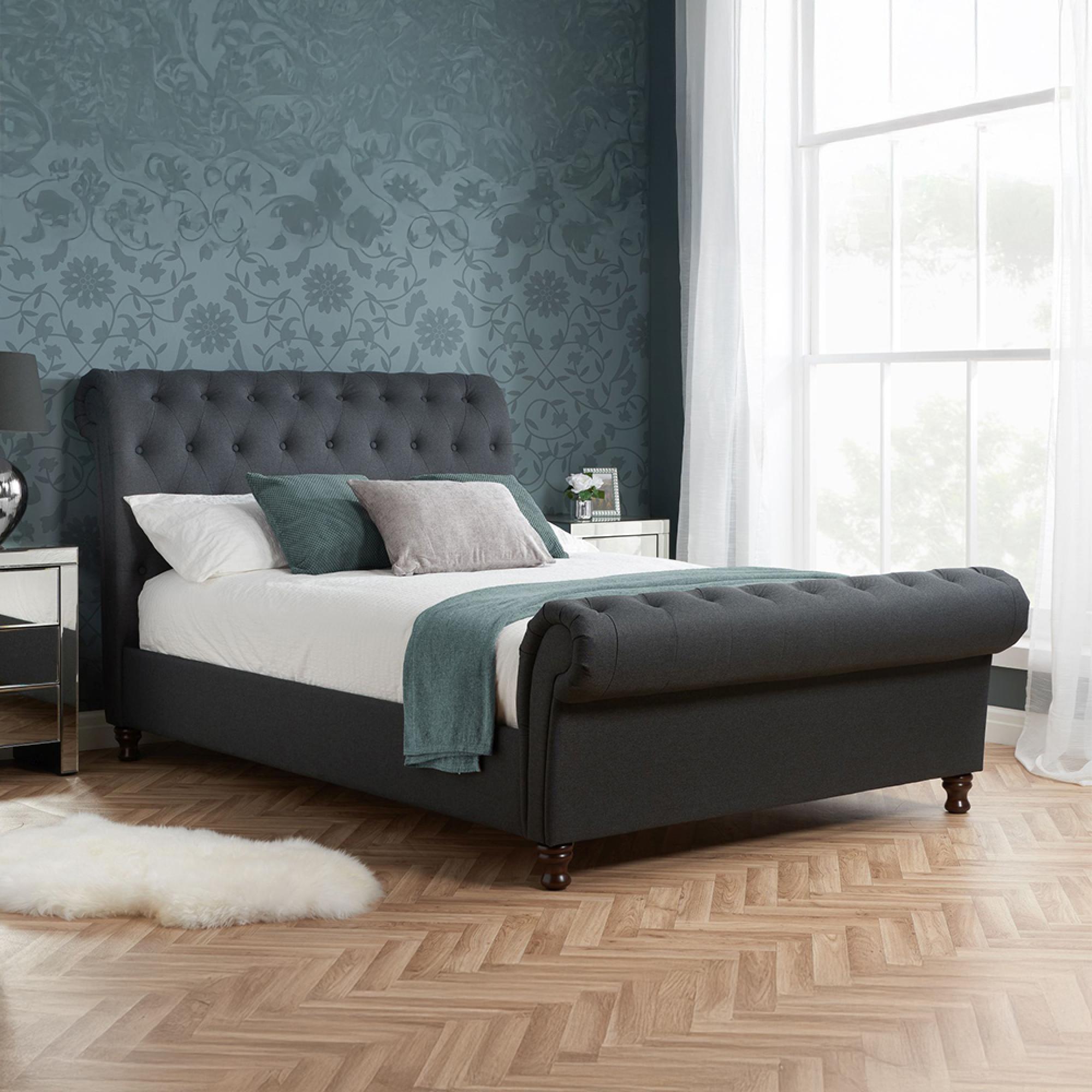 Castello Charcoal Polyster Sleigh Bed - Sizes Available