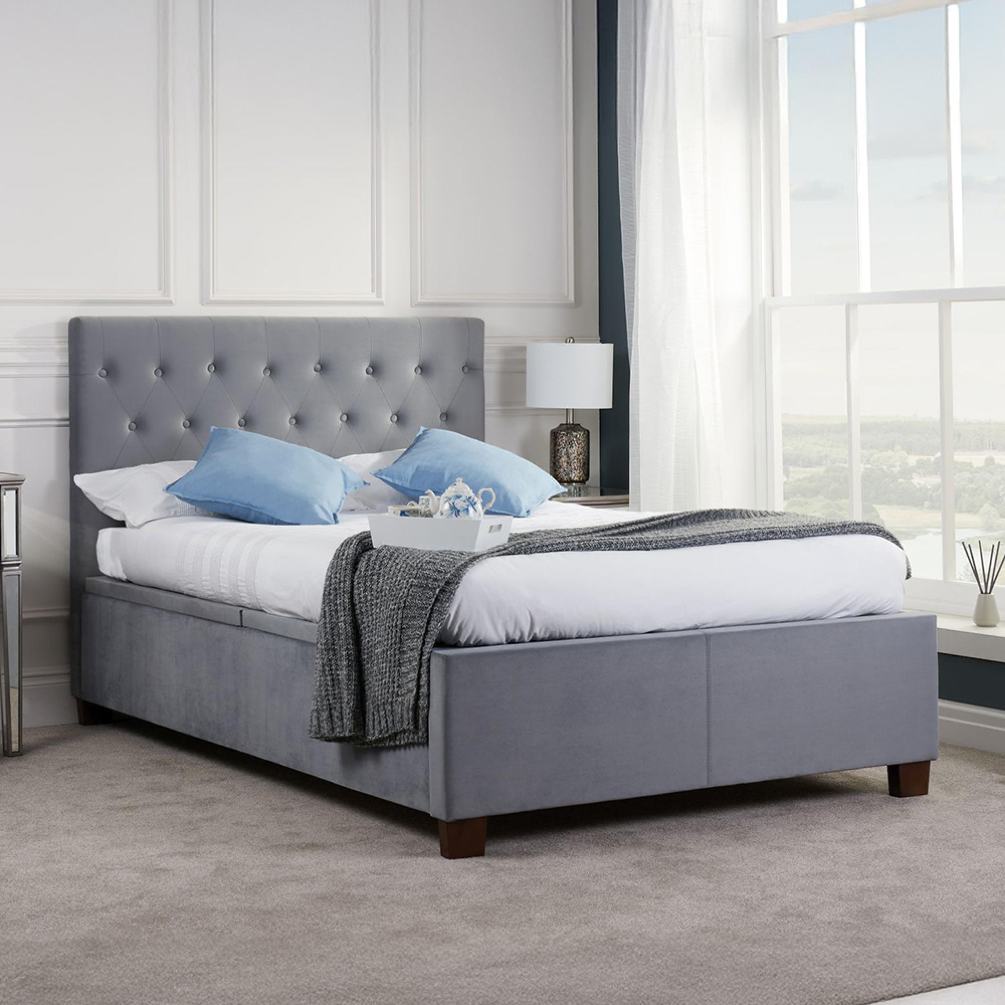 Cologne Grey Velvet Fabric Ottoman Storage Bed - Sizes Available
