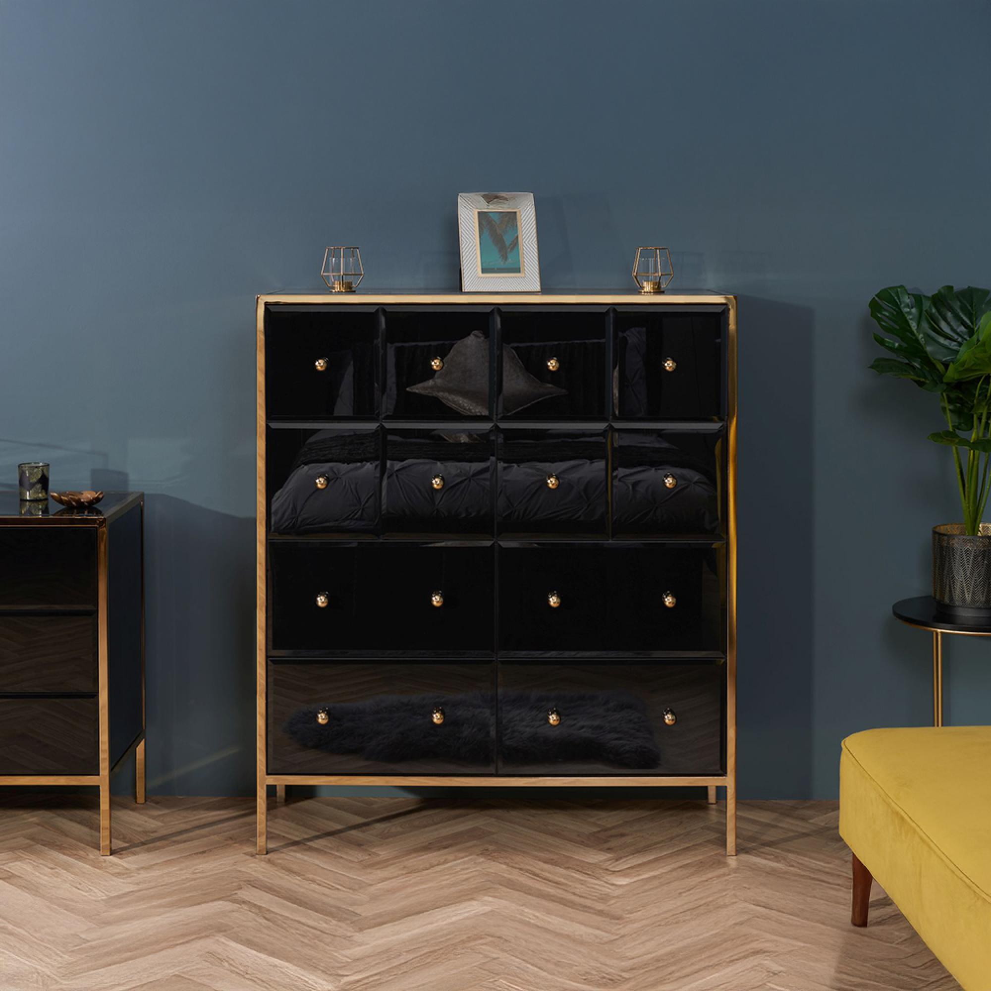 Fenwick Black Glass Multi Drawer Chest - Gold Trim