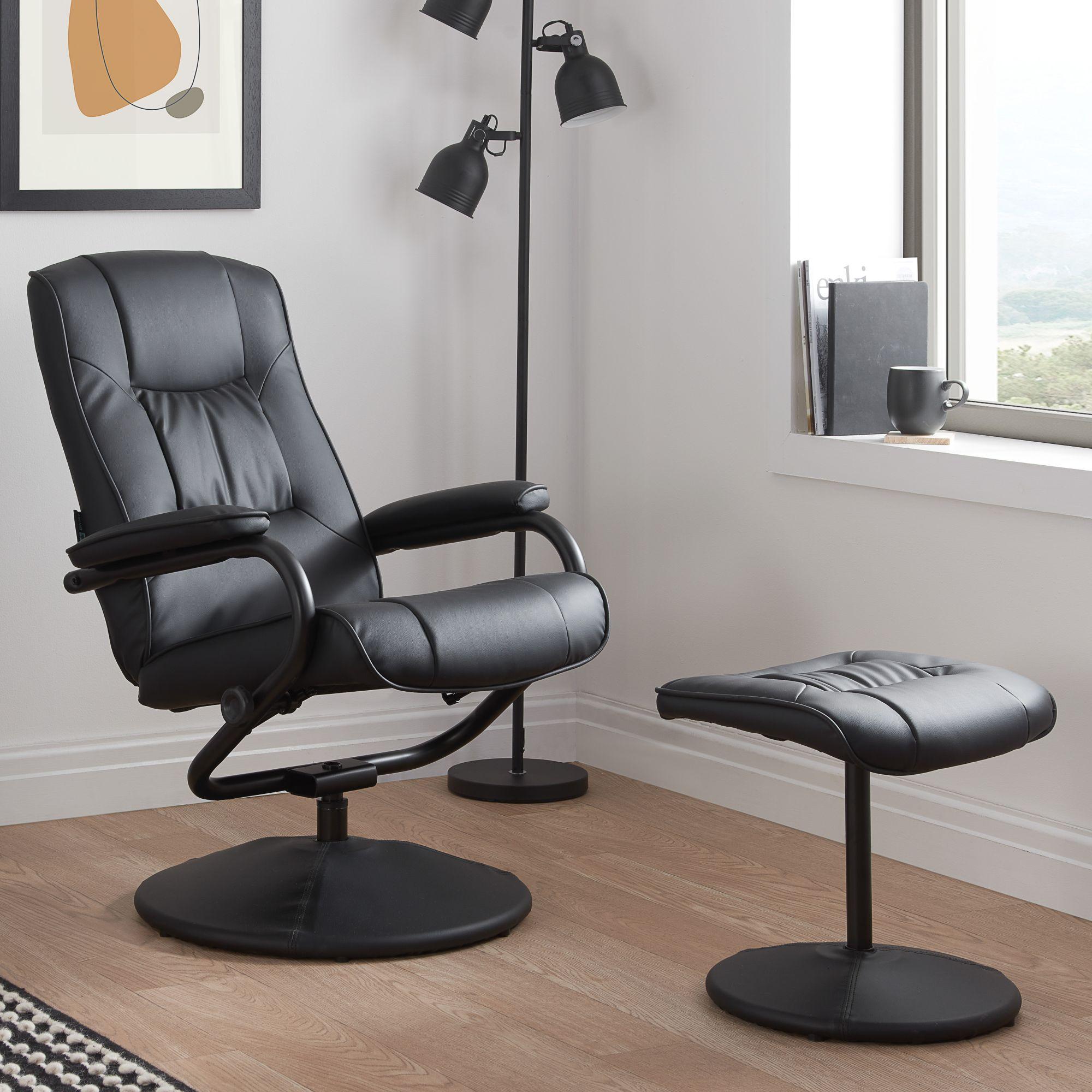 Memphis Black Leather Swivel Recliner Chair and Footstool