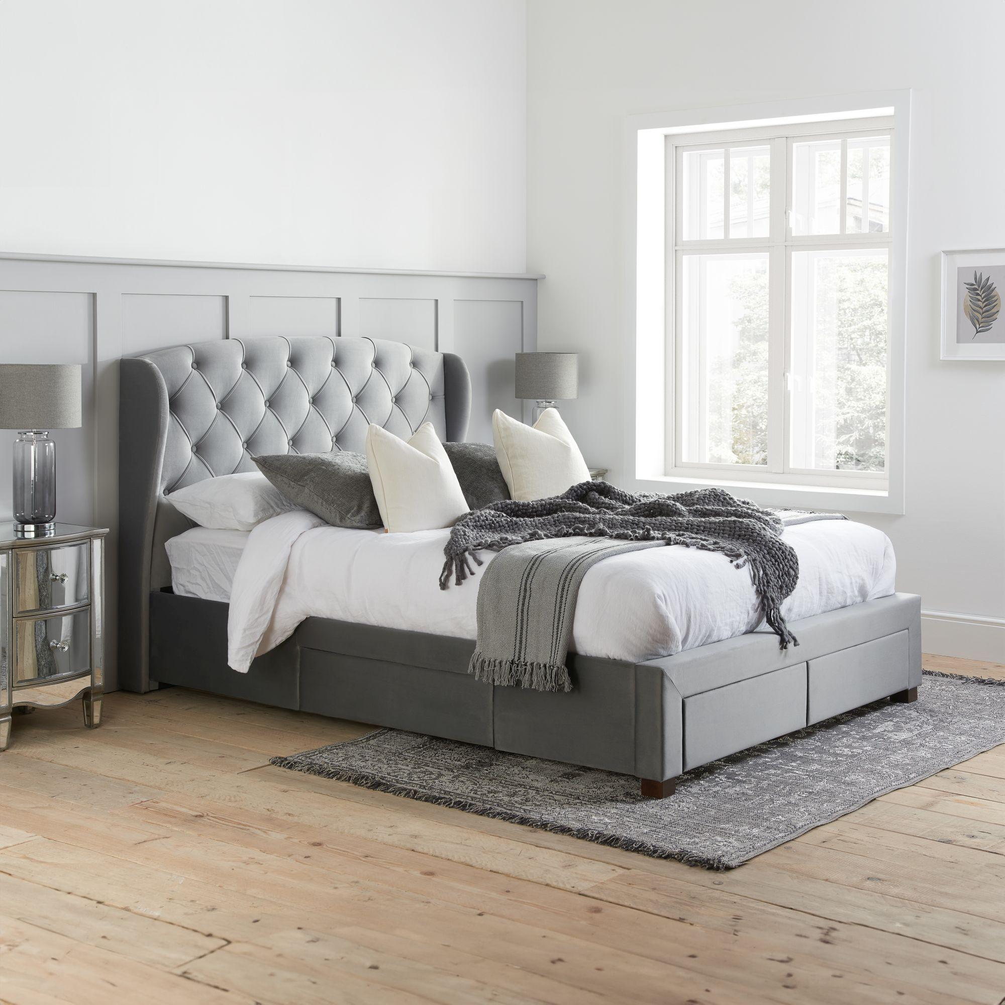 Hope Grey Velvet Fabric Bed - Sizes Available