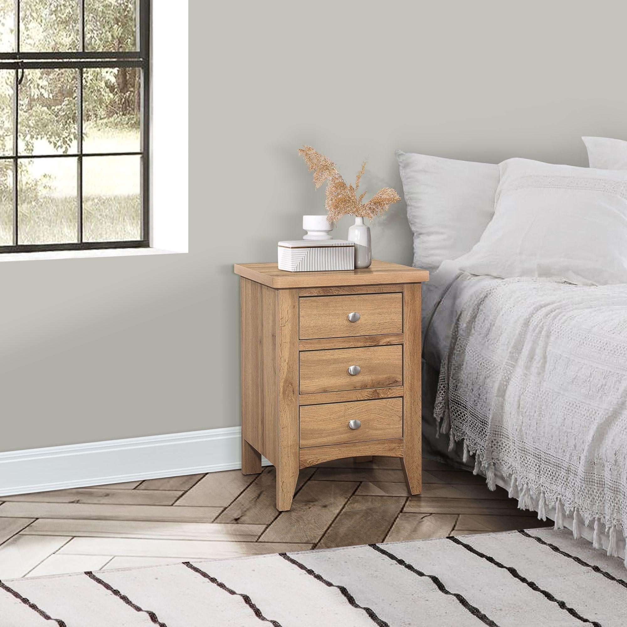 Hampstead Rustic Oak Effect Bedside Cabinet - 3 Drawers