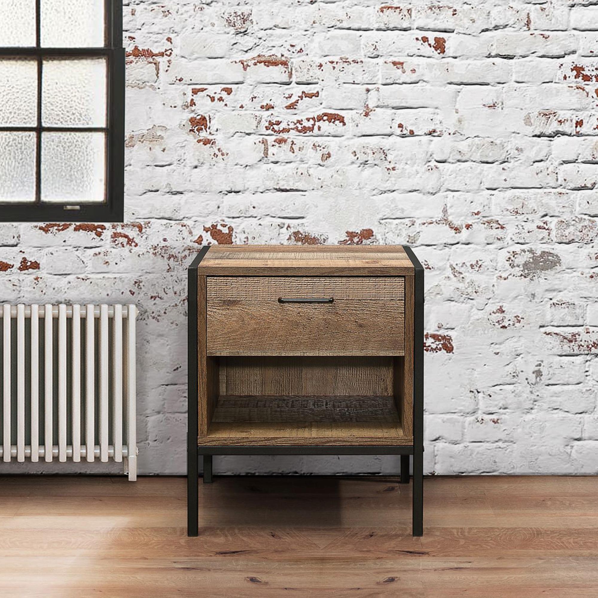 Urban Rustic Wood Effect Industrial Style Bedside Cabinet - 1 Drawer