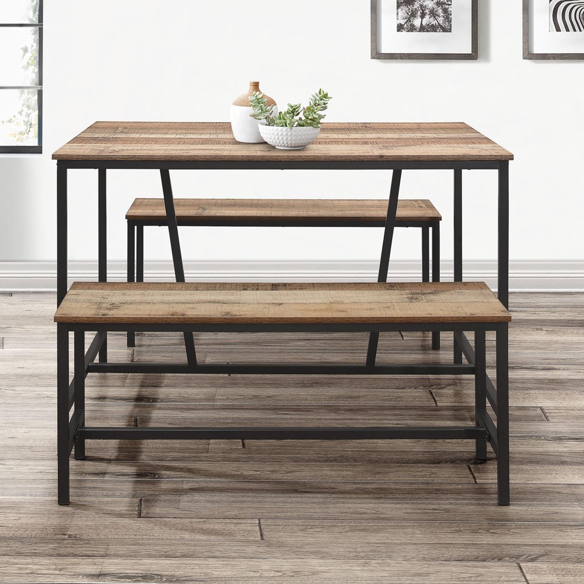 Urban Rustic Wood Effect Industrial Style Kitchen Dining Set with 2 Benches