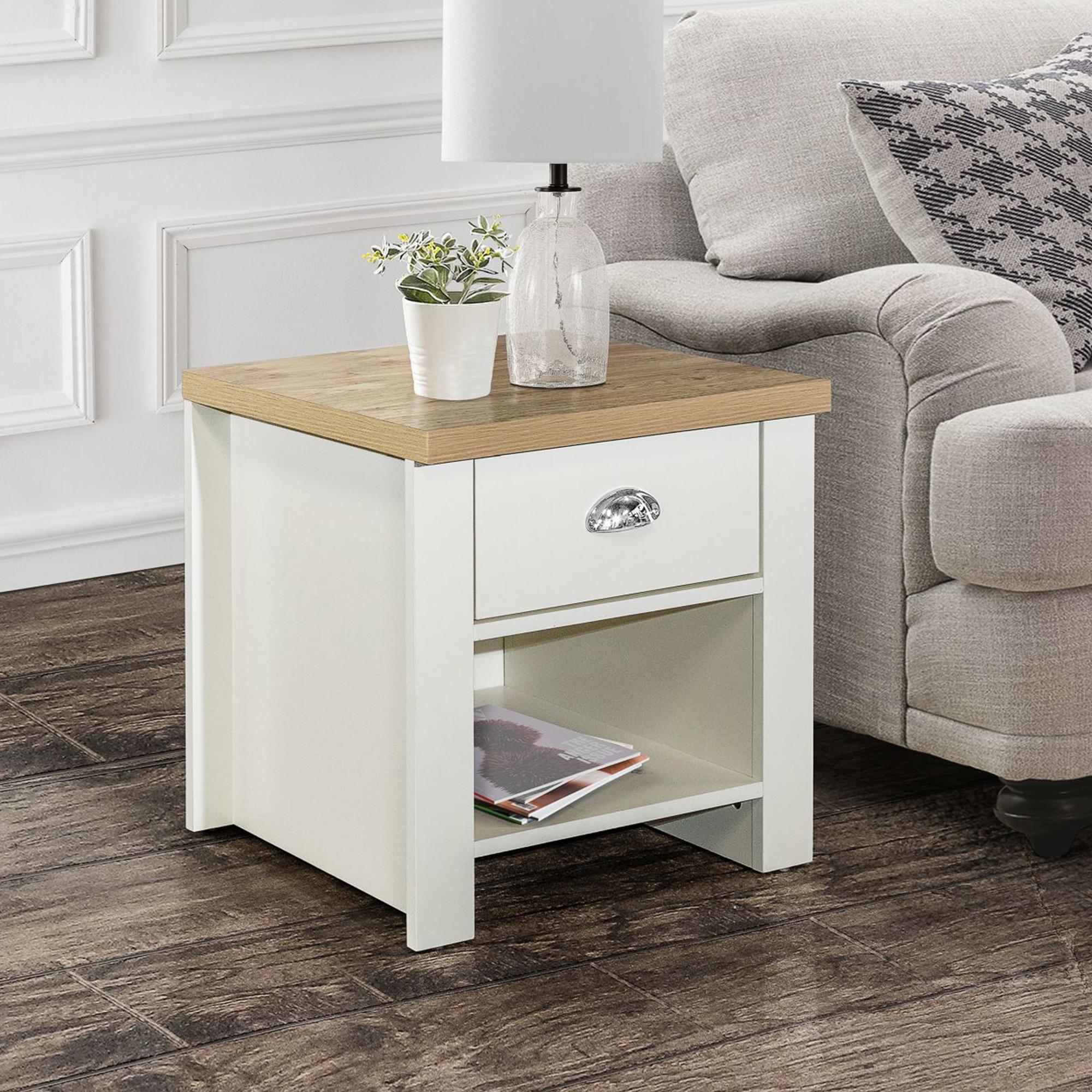 Highgate Cream and Oak Effect Lamp Table - 1 Drawer