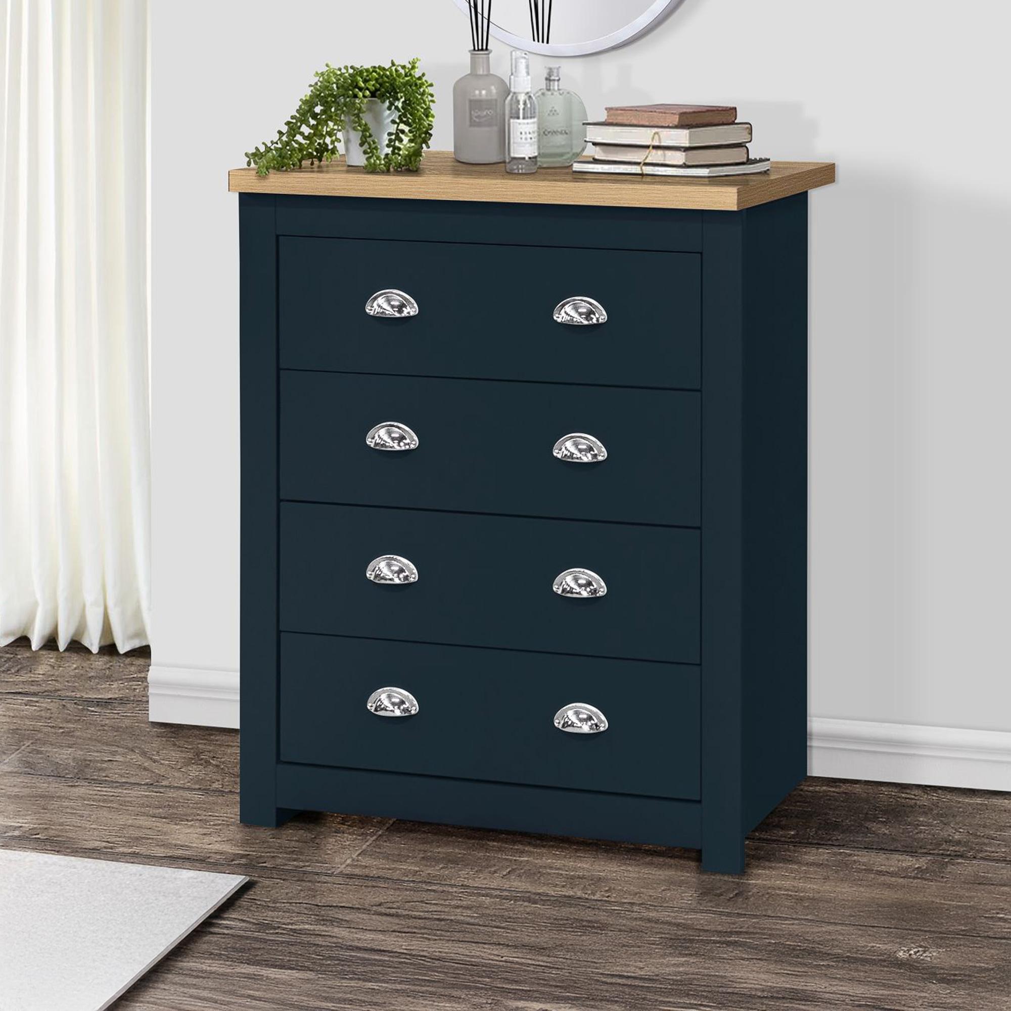 Highgate Blue and Oak Effect Chest - 4 Drawers