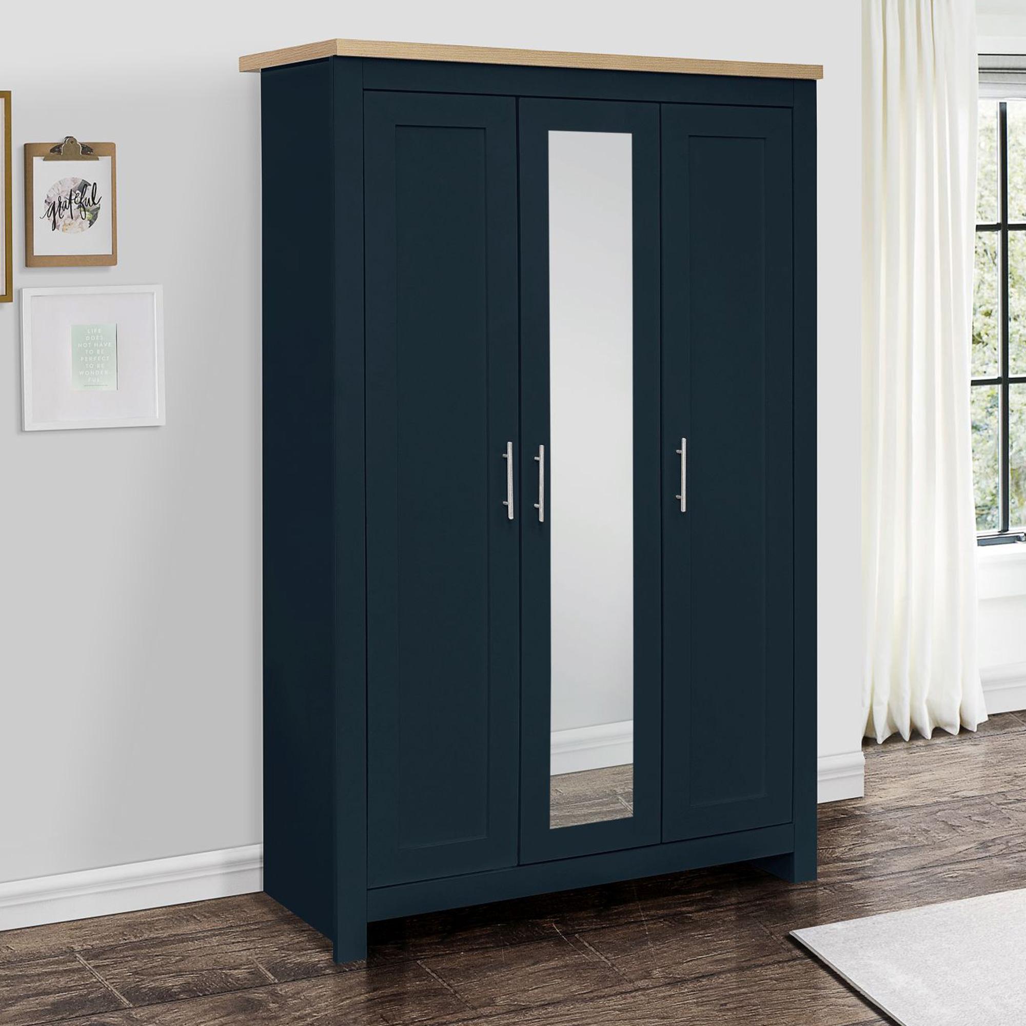Highgate Navy Blue and Oak Effect 3 Door Wardrobe with Mirror