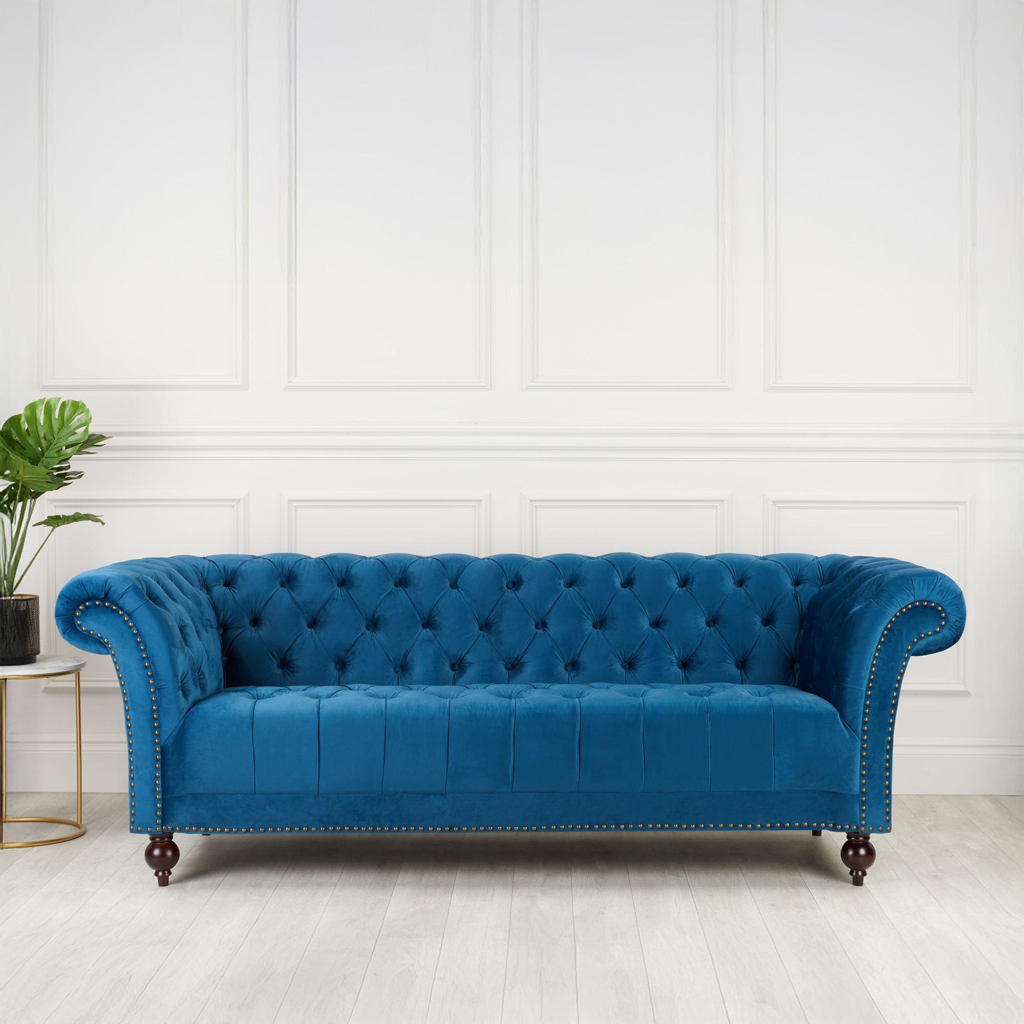 Chester Blue Velvet Fabric 3 Seater Sofa