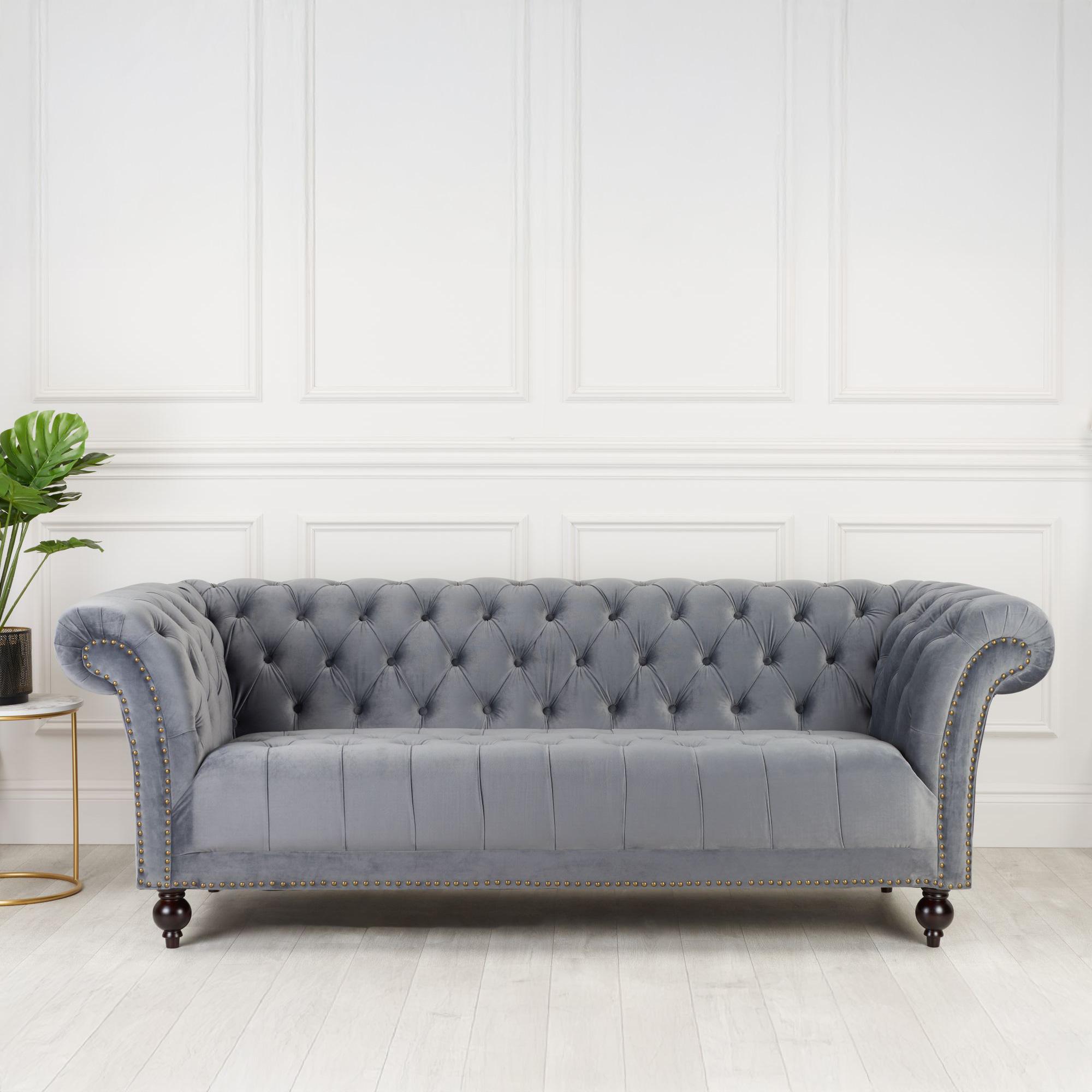 Chester Grey Velvet Fabric 3 Seater Sofa
