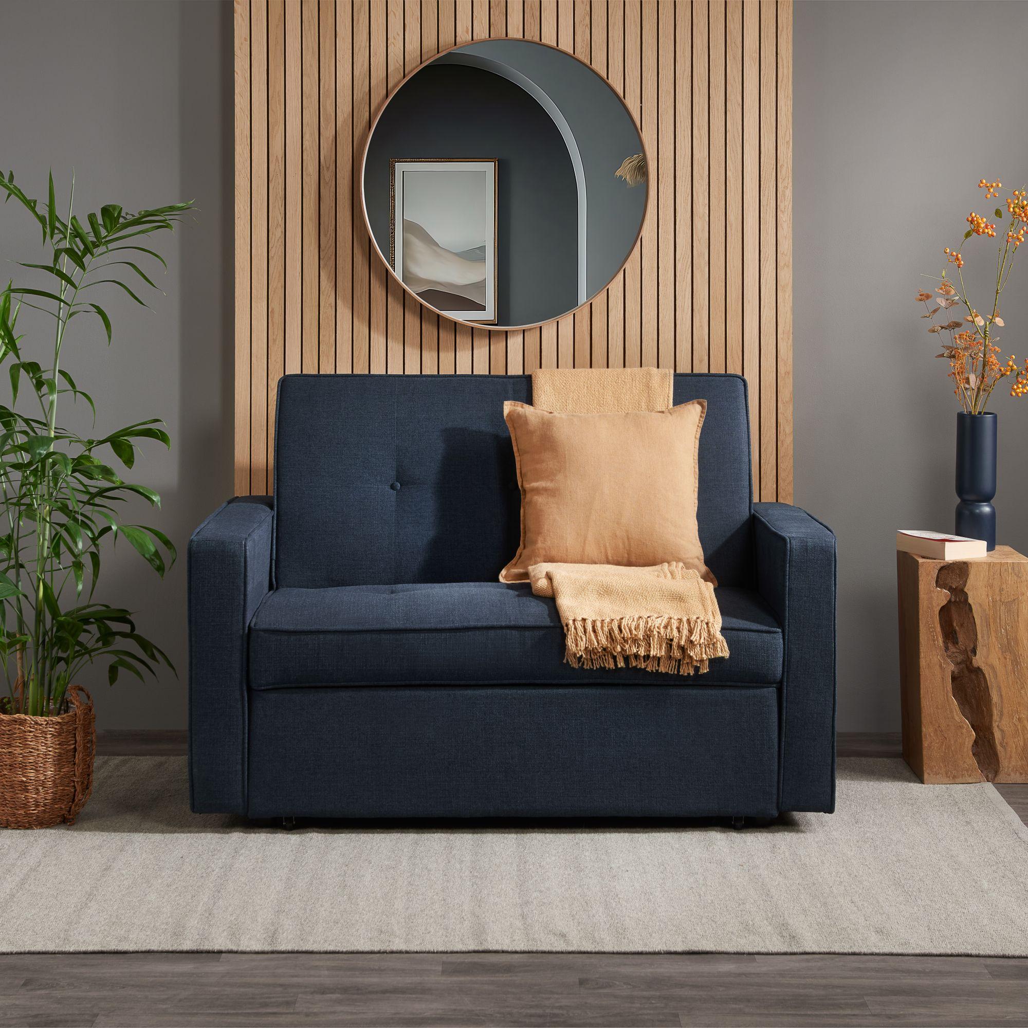 Otto Blue Fabric Small Pull-Out Sofa Bed - 2 Seater