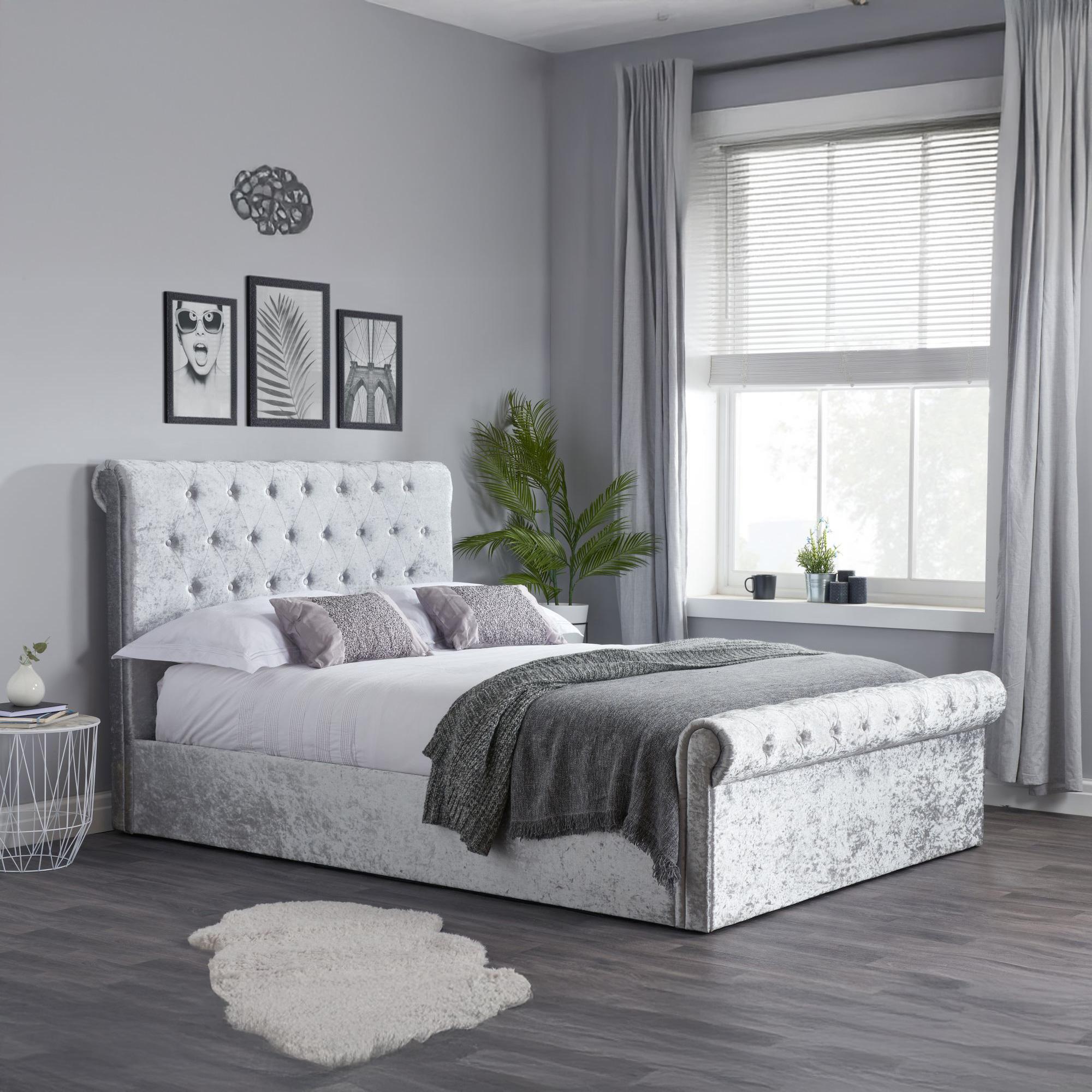 Sienna Steel Crushed Velvet Fabric Side Ottoman Storage Bed - Sizes Available