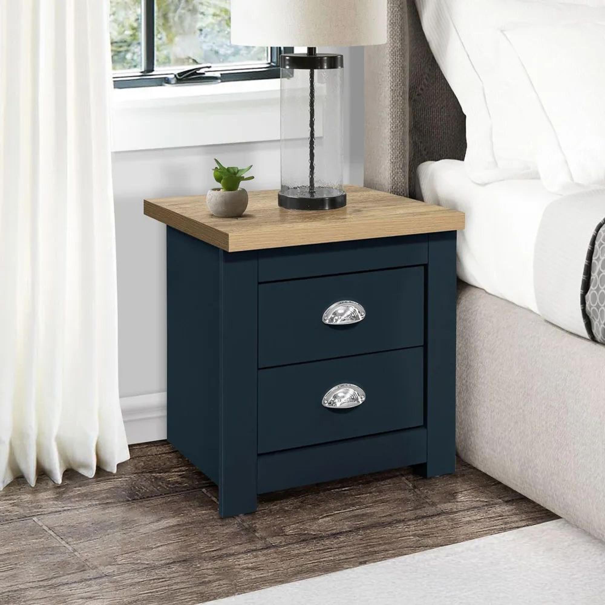 Highgate Blue and Oak Effect Bedside Cabinet - 2 Drawers