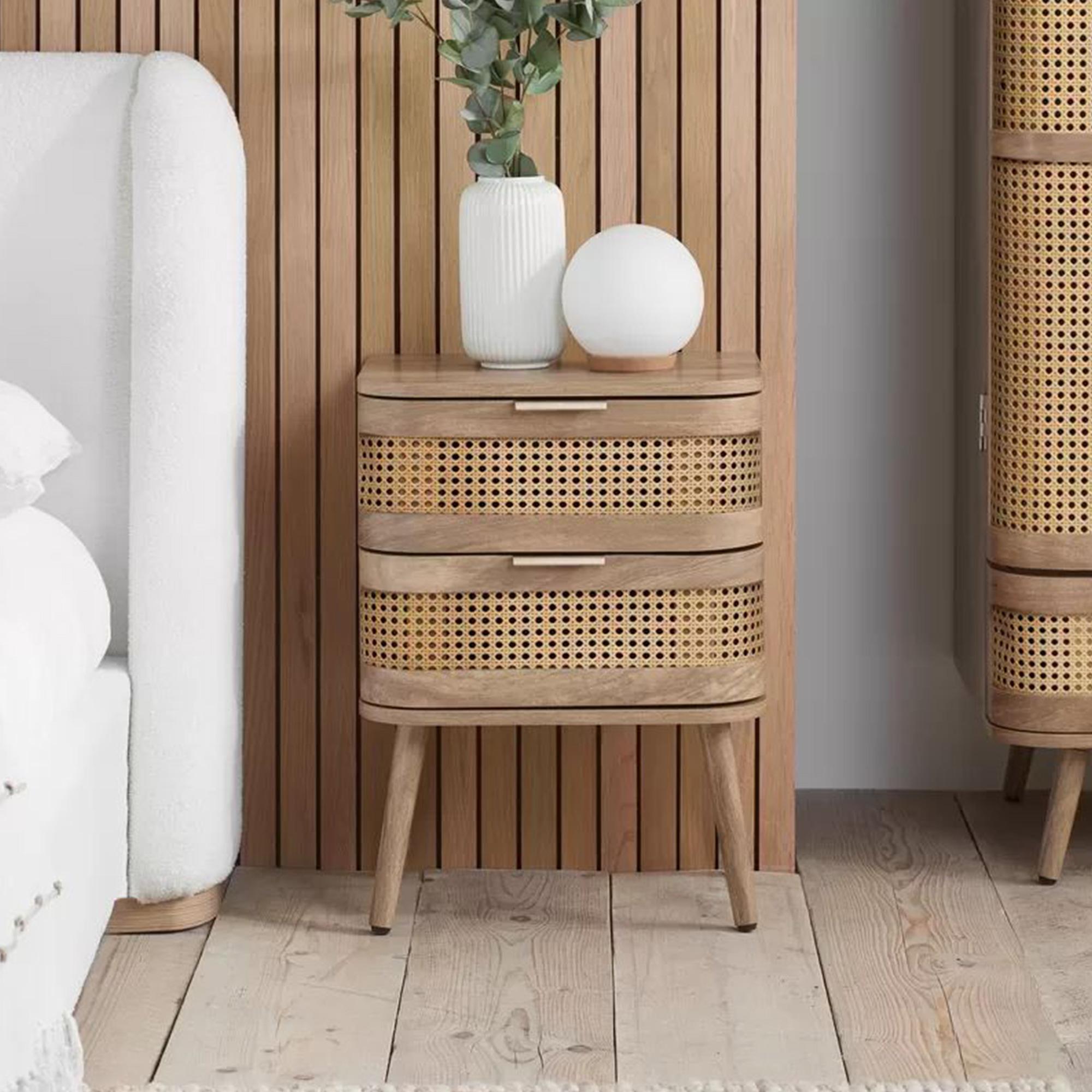 Noah Rattan Wood 2 Drawer Bedside Table