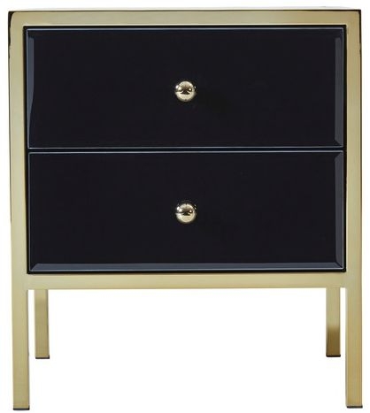 Fenwick Black Glass 2 Drawer Bedside Cabinet - Gold Trim