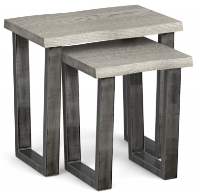 Dalston Grey Oak Nest of 2 Tables, Live Edge Top with Industrial Style Black Metal U Legs