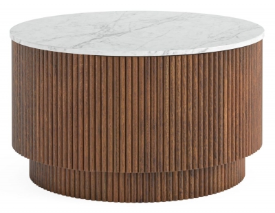 Piano Walnut Fluted Wood and Marble Top Round Coffee Table with 1 Door Storage, Made of Mango Wood Ribbed Drum Base and White Marble Top