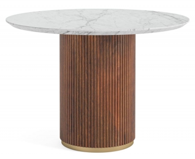 Product photograph of Piano Walnut Fluted Wood And Marble Top Round Dining Table 120cm Dia Seats 4 Diners Made Of Mango Wood Ribbed Drum Base And White Marble Top from Choice Furniture Superstore