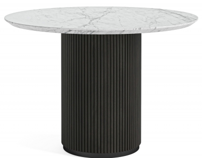 Image of Lucas Black Fluted Wood and Marble Top Round Dining Table, 120cm Dia Seats 4 Diners, Made of Mango Wood Ribbed Drum Base and White Marble Top