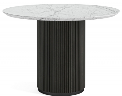 Piano Black Fluted Wood and Marble Top Round Dining Table, 120cm Dia Seats 4 Diners, Made of Mango Wood Ribbed Drum Base and White Marble Top