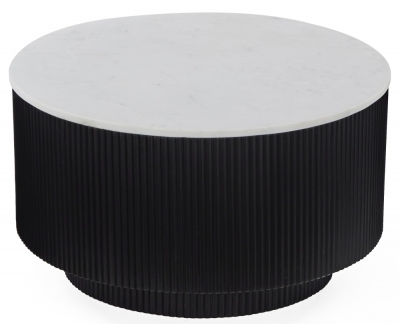 Piano Black Fluted Wood and Marble Top Round Coffee Table with 1 Door Storage, Made of Mango Wood Ribbed Drum Base and White Marble Top