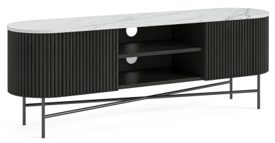 Piano Black Fluted Wood and Marble Top Large Curved TV Unit, 150cm Wide for Television Upto 55in Plasma, Made of Mango Wood Ribbed Base and White Marble Top