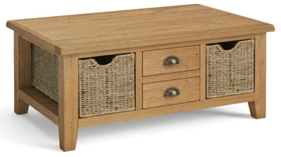 Product photograph of Belden Oak 2 Drawer Large Coffee Table With Basket from Choice Furniture Superstore