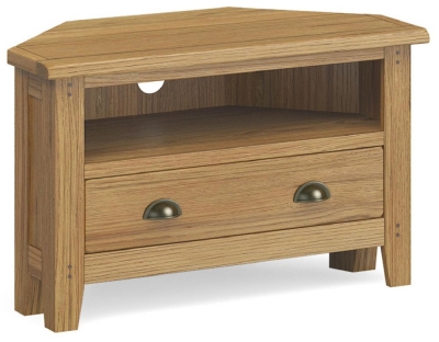 Product photograph of Belden Oak Corner Tv Unit With Drawer from Choice Furniture Superstore