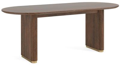 Piano Walnut Fluted Wood Double Pedestal Curved Dining Table, 200cm Dia Seats 8 Diners, Made of Mango Wood Ribbed Base