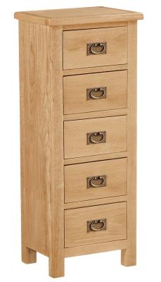 Salisbury Lite Natural Oak 5 Drawer Narrow Tallboy Chest