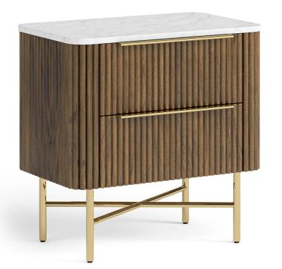 Product photograph of Harvard Walnut Fluted Wood And Marble Top Bedside Cabinet With 2 Drawer Mango Wood Ribbed Base And White Marble Top from Choice Furniture Superstore