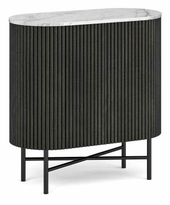 Lucas Black Fluted Wood And Marble Top Mini Sideboard With 2 Door Made Of Mango Wood Ribbed Base And White Marble Top