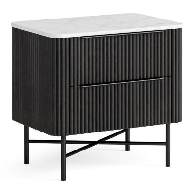 Lucas Black Fluted Wood And Marble Top Bedside Cabinet With 2 Drawer Made Of Mango Wood Ribbed Base And White Marble Top