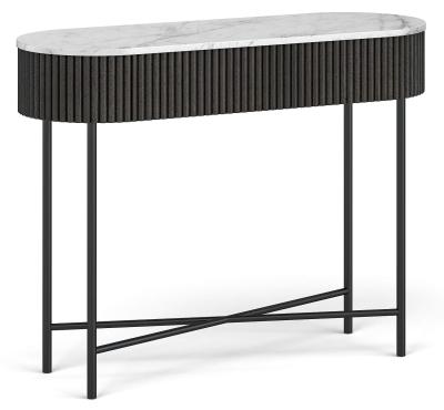 Lucas Black Fluted Wood And Marble Top Console Table Made Of Mango Wood Ribbed Base And White Marble Top