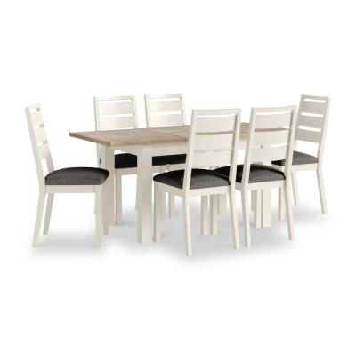 Modern White Painted 46 Seater Extending Dining Set With Grey Fabric Dining Chair