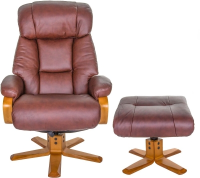 GFA Nice Swivel Recliner Chair with Footstool - Chestnut Leather Match